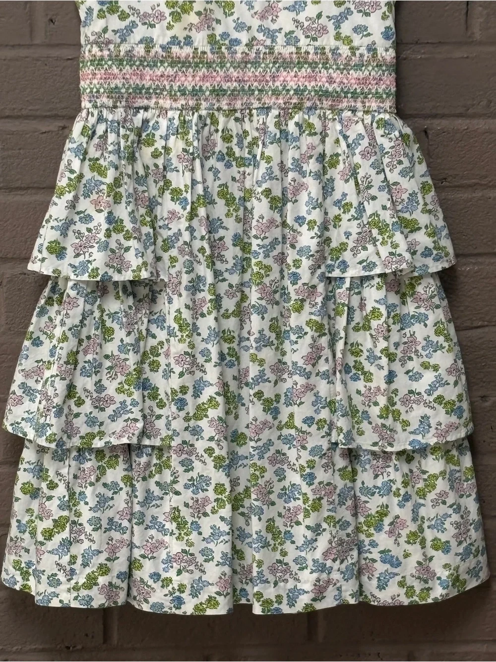 Mini Boden White Floral  Floral Tiered Dress with Pink, Blue & Green 8-9 yrs